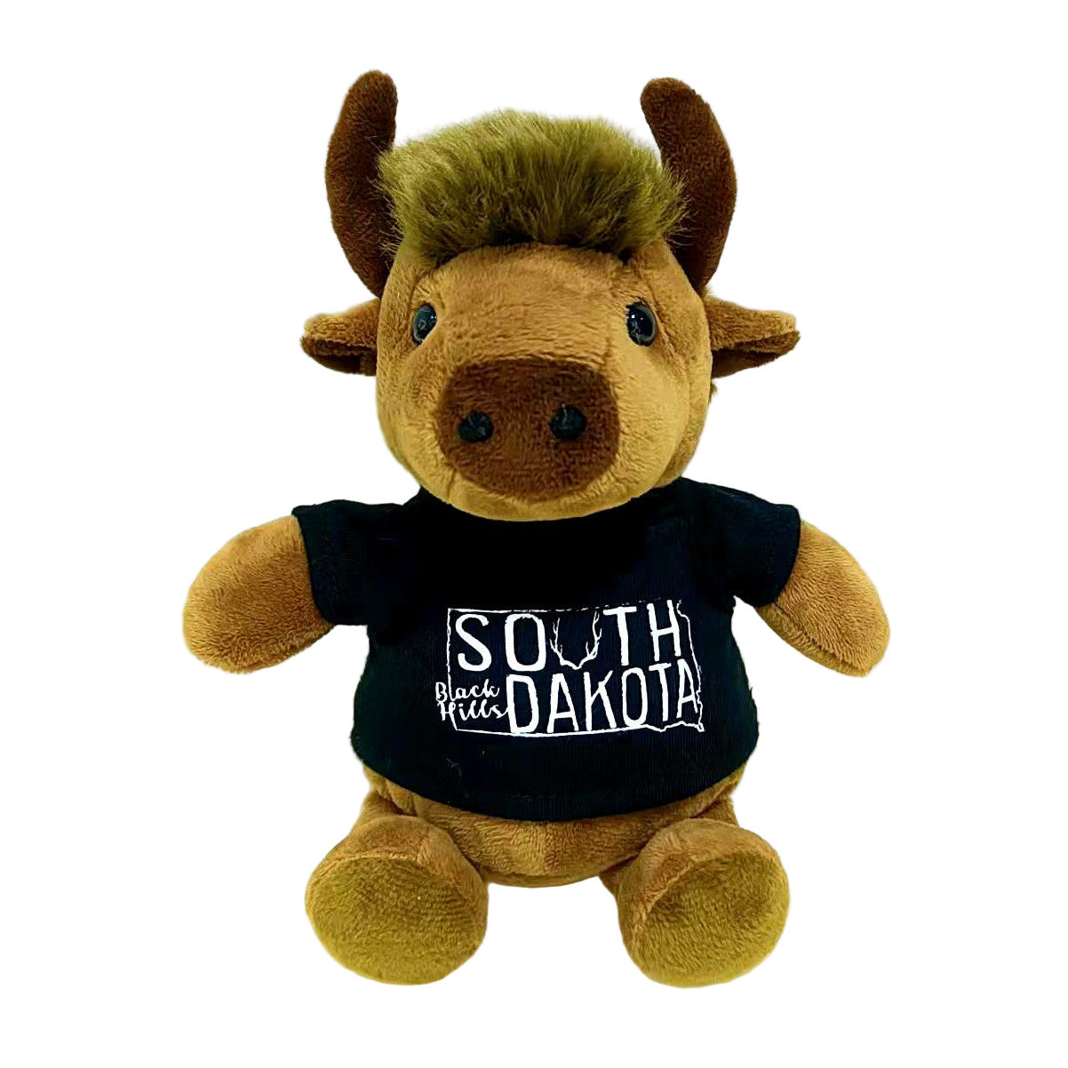 Plush toy bison wearing a black t-shirt with 'South Dakota' text on a white background, toy buffalo plush