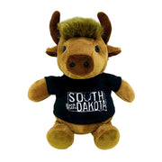 Plush toy bison wearing a black t-shirt with 'South Dakota' text on a white background, toy buffalo plush