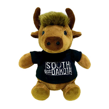 Plush toy bison wearing a black t-shirt with 'South Dakota' text on a white background, toy buffalo plush