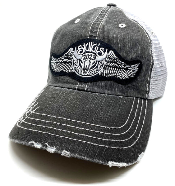 Sturgis Buffalo Wing Distressed Mesh Grey Cap - 2023