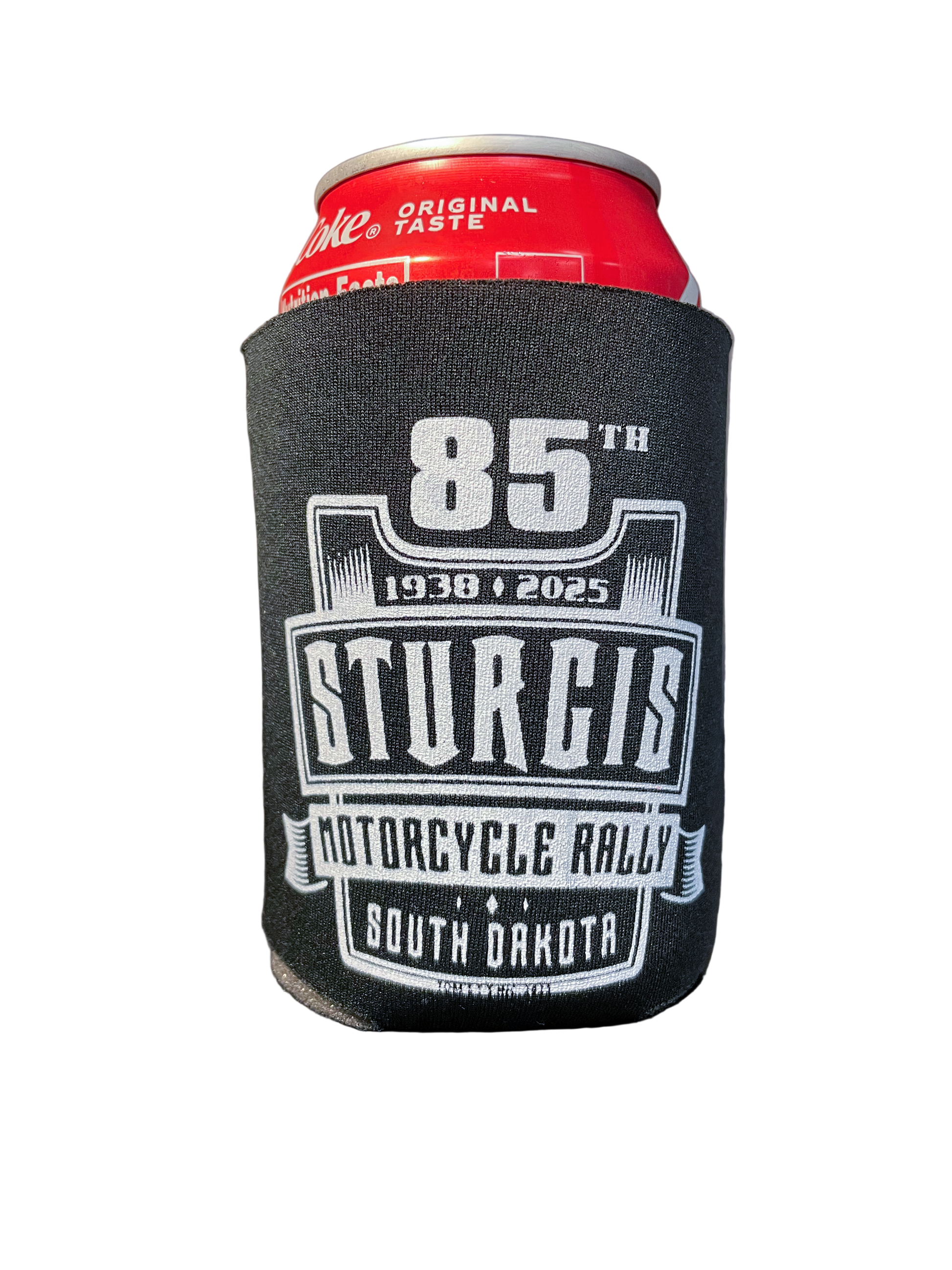 Black can cooler with '85th Sturgis Motorcycle Rally' text