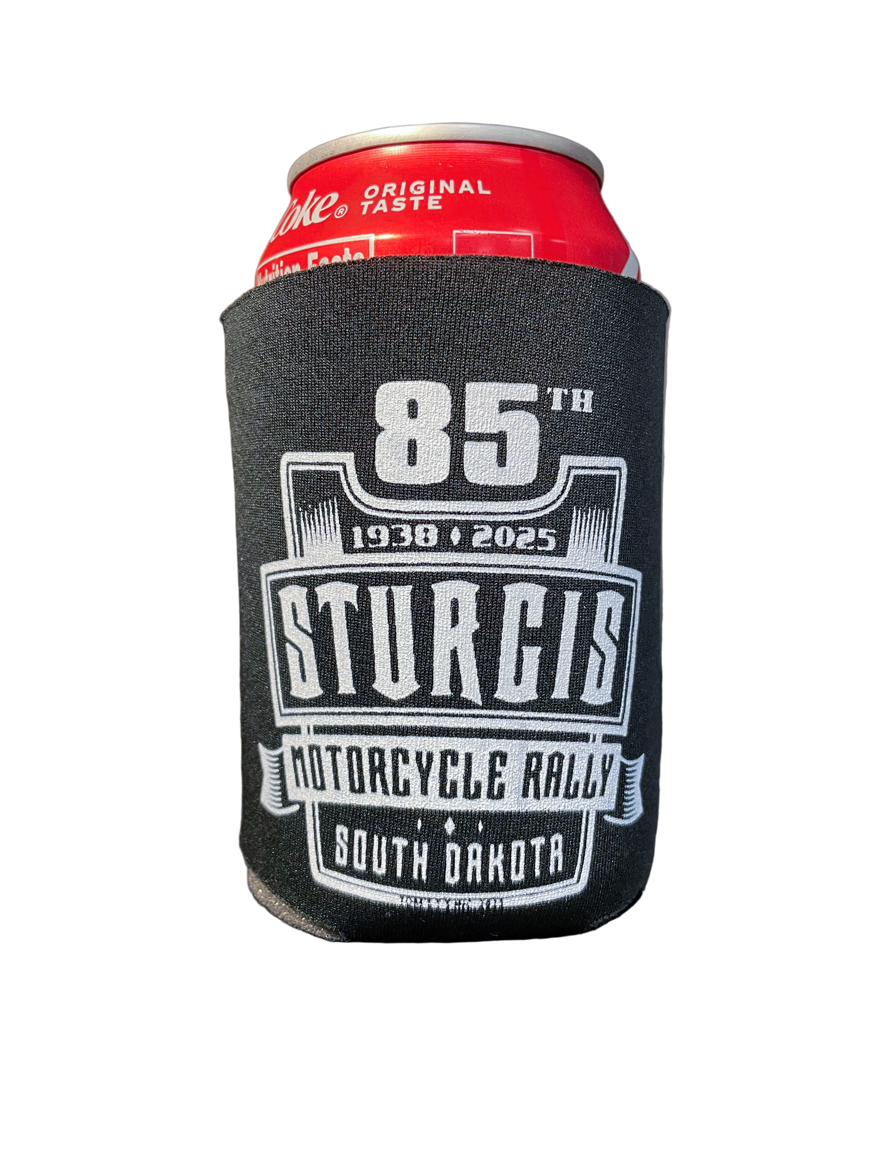 Black can cooler with '85th Sturgis Motorcycle Rally' text