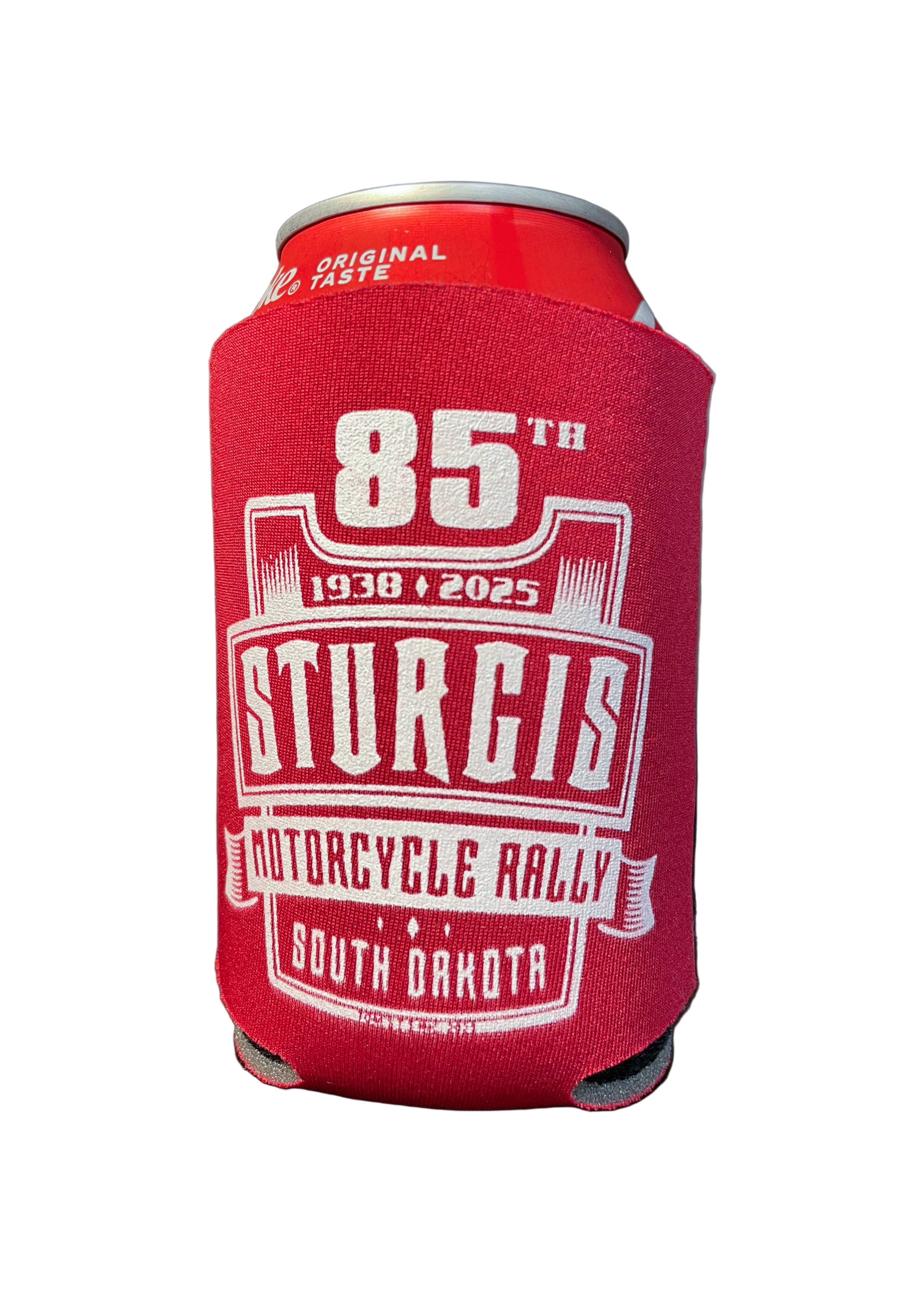 Red can cooler with '85th Sturgis Motorcycle Rally' text