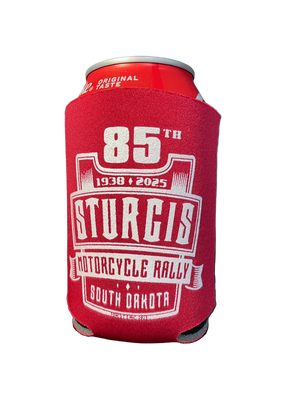 Red can cooler with '85th Sturgis Motorcycle Rally' text