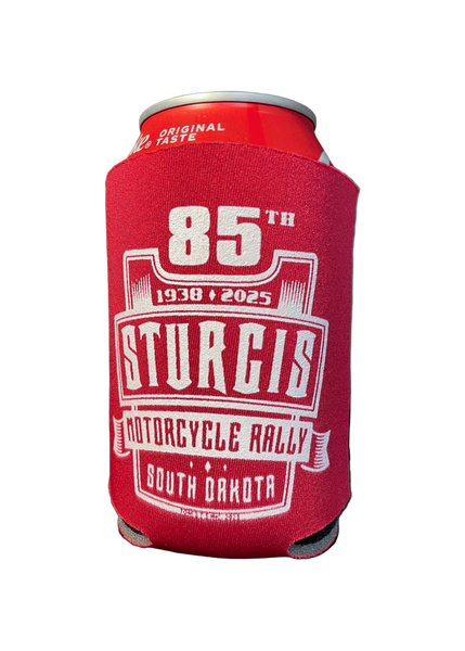 Red can cooler with '85th Sturgis Motorcycle Rally' text