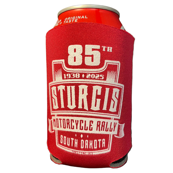 Red can cooler with '85th Sturgis Motorcycle Rally' text