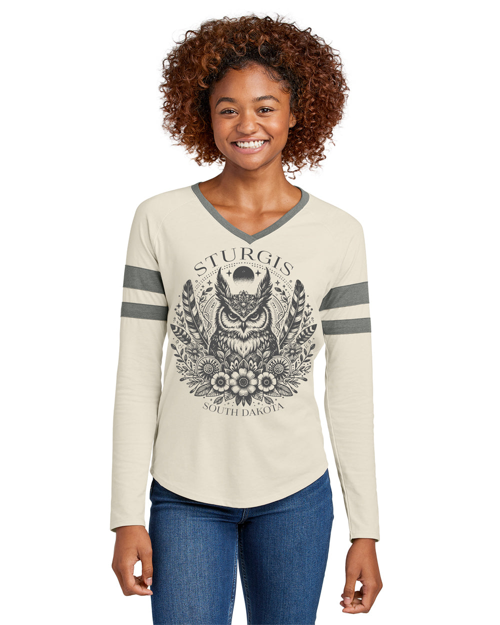 Ladies BOHO Owl Long Sleeve V-neck Tee
