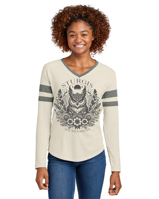Ladies BOHO Owl Long Sleeve V-neck Tee