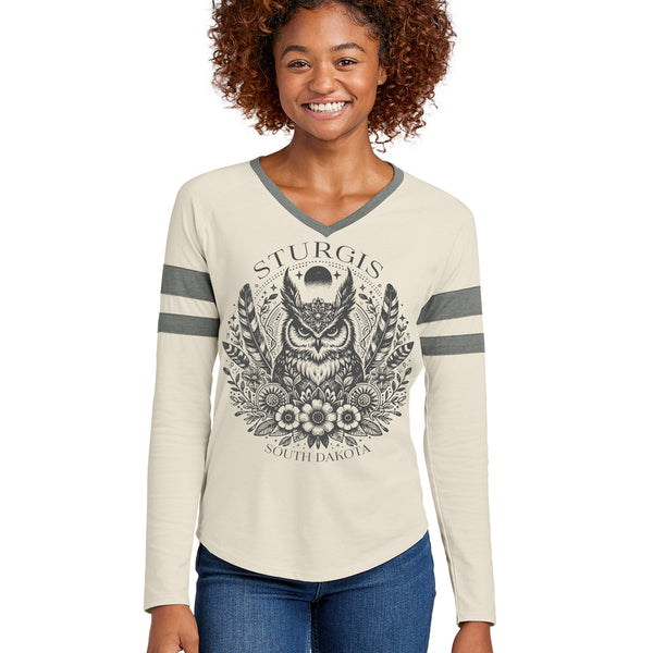 Ladies BOHO Owl Long Sleeve V-neck Tee