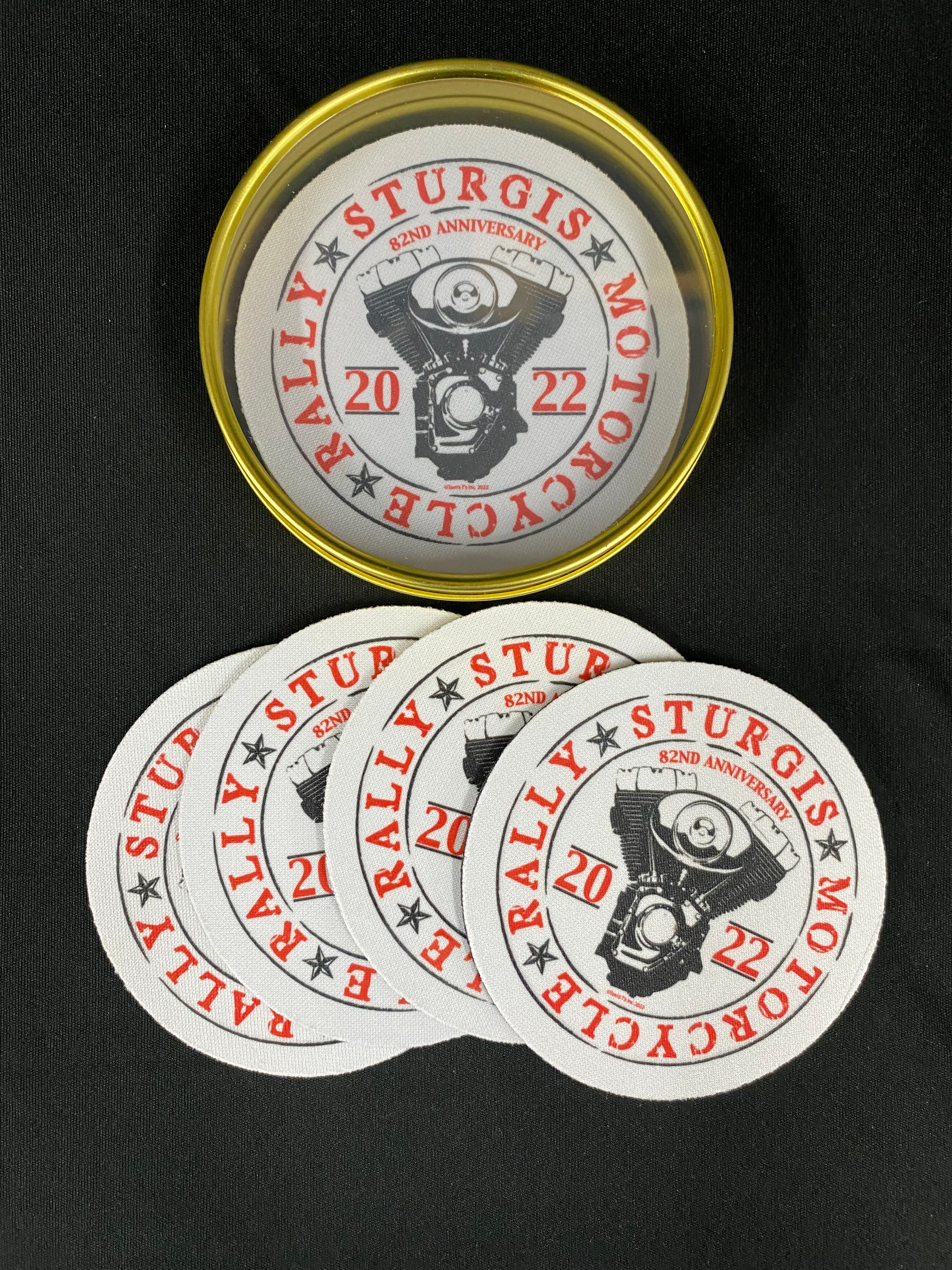 8 Neoprene Coasters With Tin Container - V-Twin